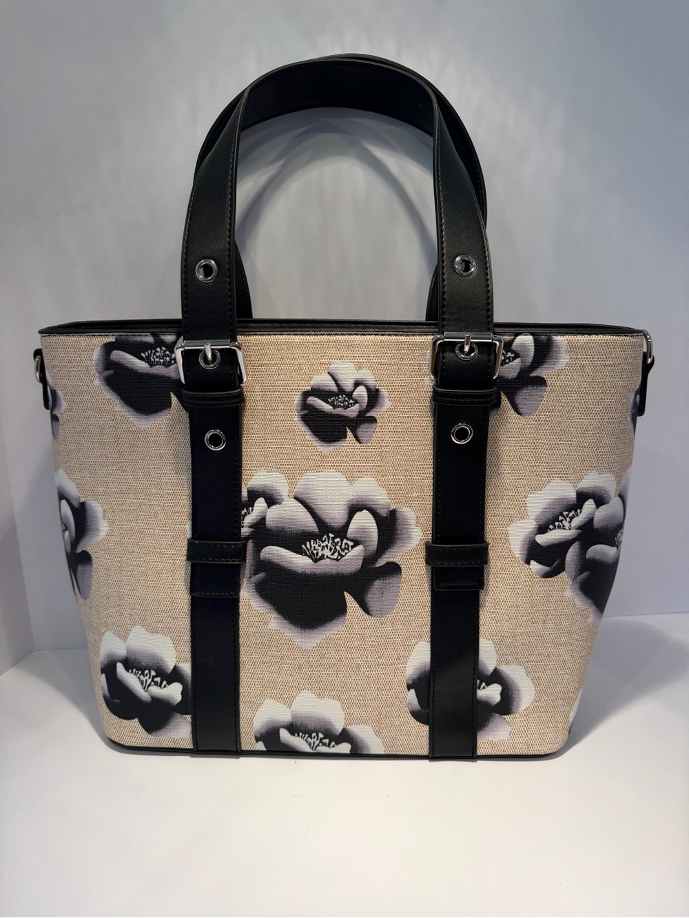 Mellow World Vegan Black & Cream Floral Tote Bag with Faux Leather Straps